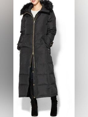 Calvin Klein Black Long Hooded Puffer Coat with Fur Trim